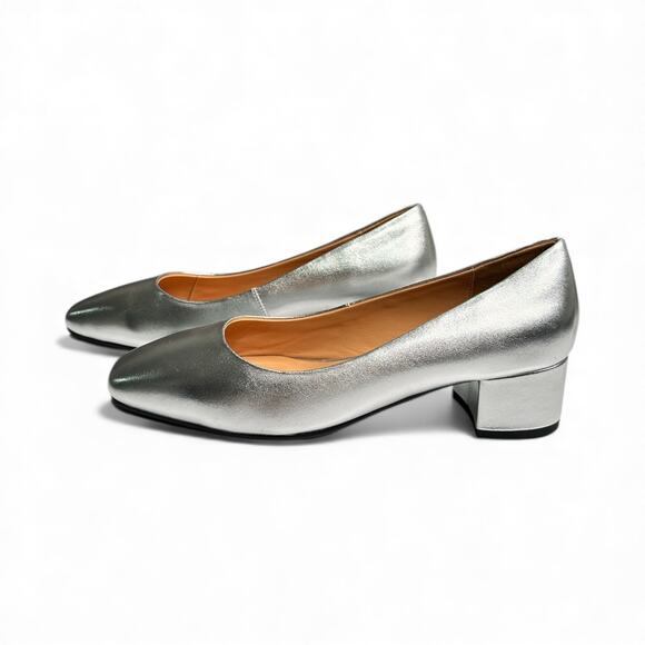 Women’s Matte Leather Square Toe Slip On Pumps Chunky Low Heel 1.5 Silver - Picture 6 of 10